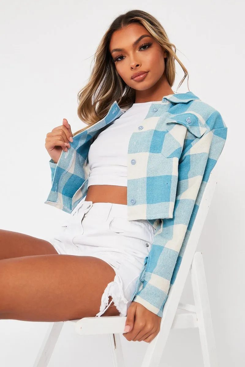 Aqua Brushed Checked Cropped Shacket - Carina