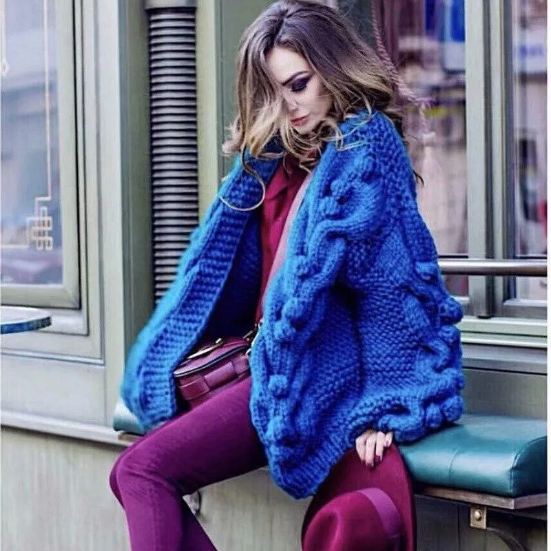 Autumn Winter  New European American Style Pure Hand-woven Ball Big Hemp Sweater Fashion Sweater Women Cardigans  V-Neck