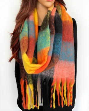 BLACK CHECKED WOOL RAINBOW BLANKET SCARF OVERSIZED WINTER SHAWL WRAP