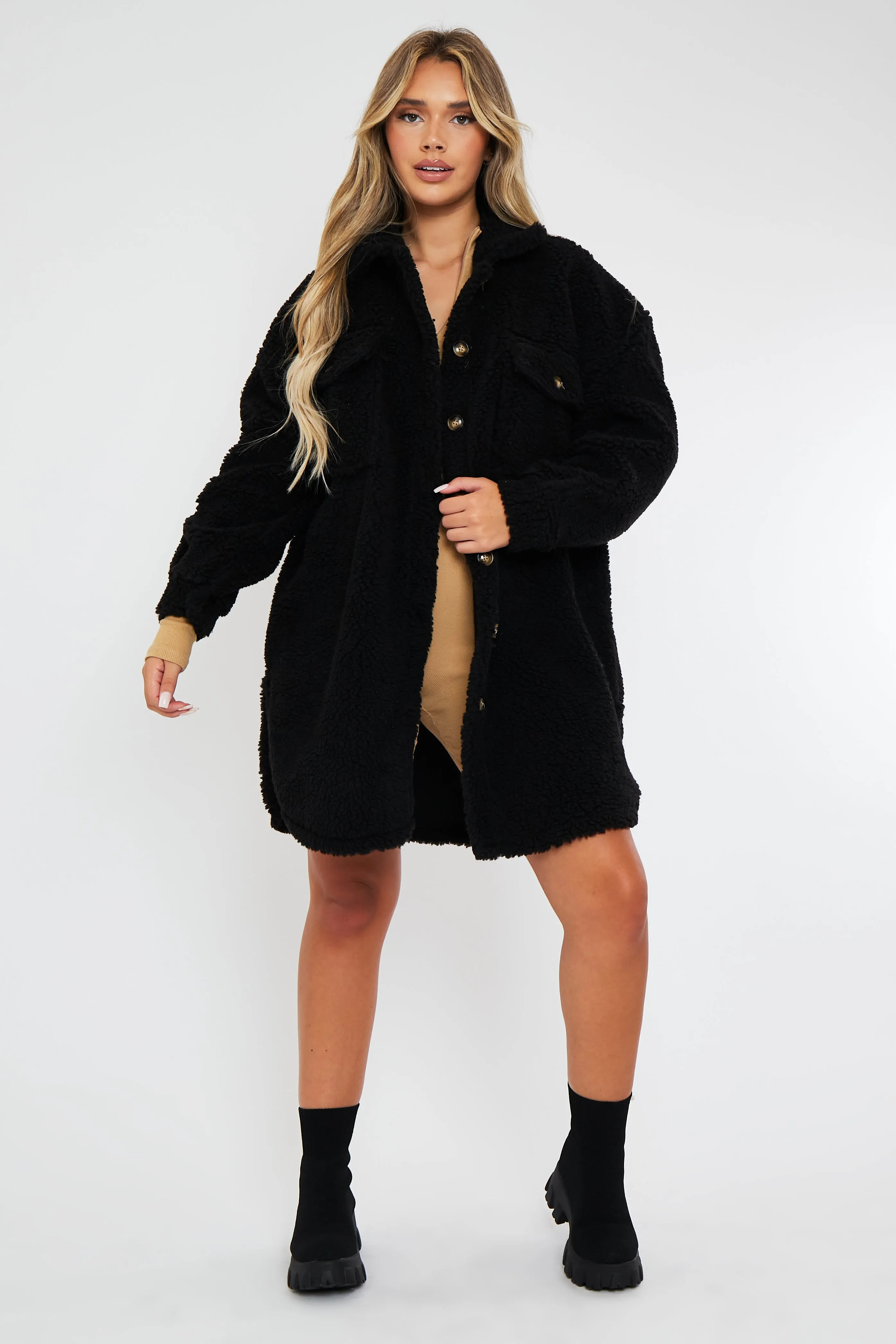 Black Pocket Front Teddy Shacket - Ozie