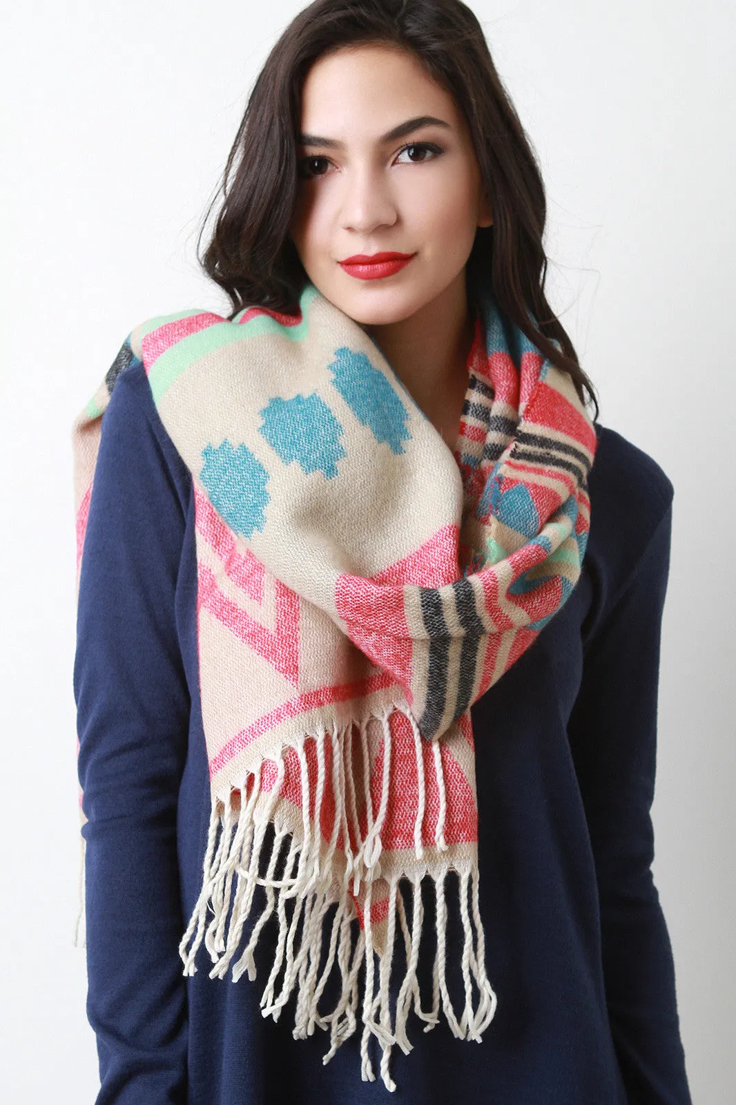 Braided Fringe Tribal Imprint Scarf