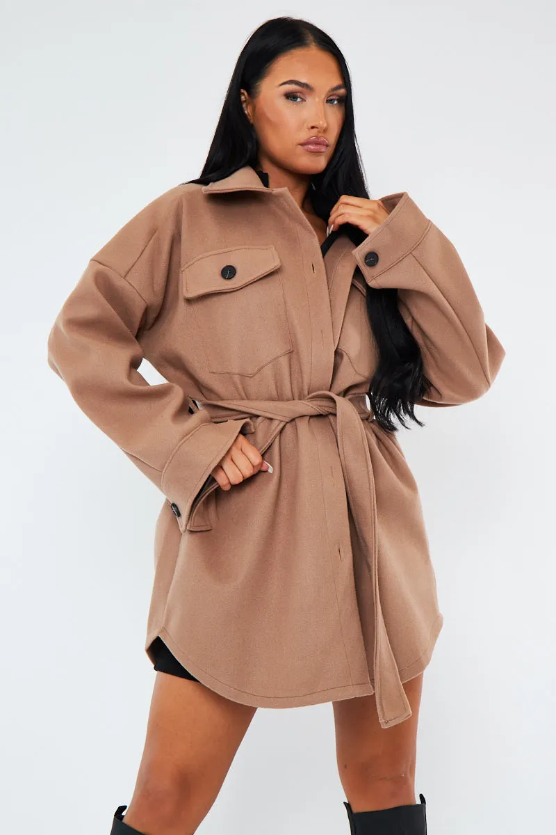 Camel Belted Pocket Front Shacket - Stella