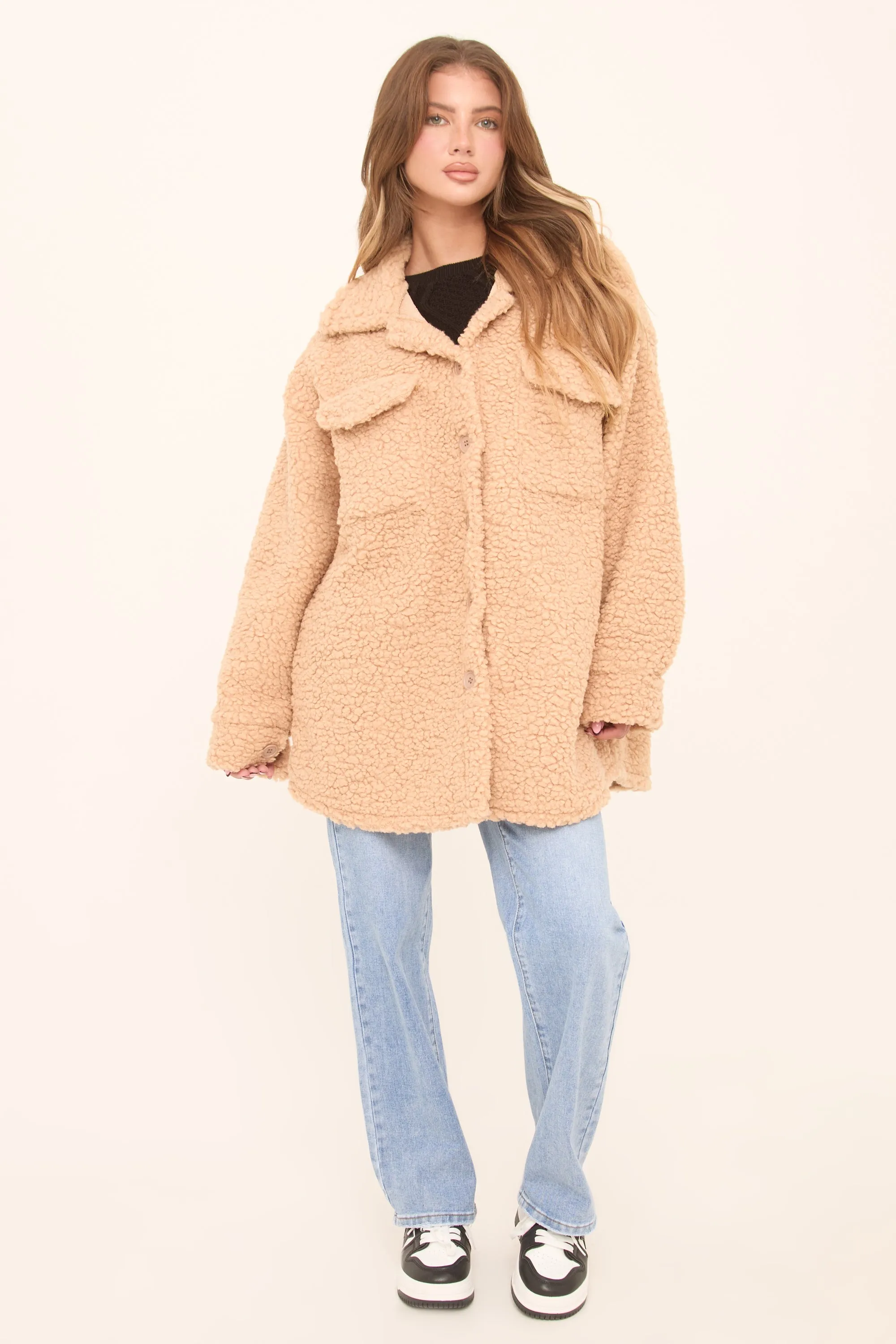 Camel Sherpa Oversized Longline Long Sleeves Shacket - Agnes