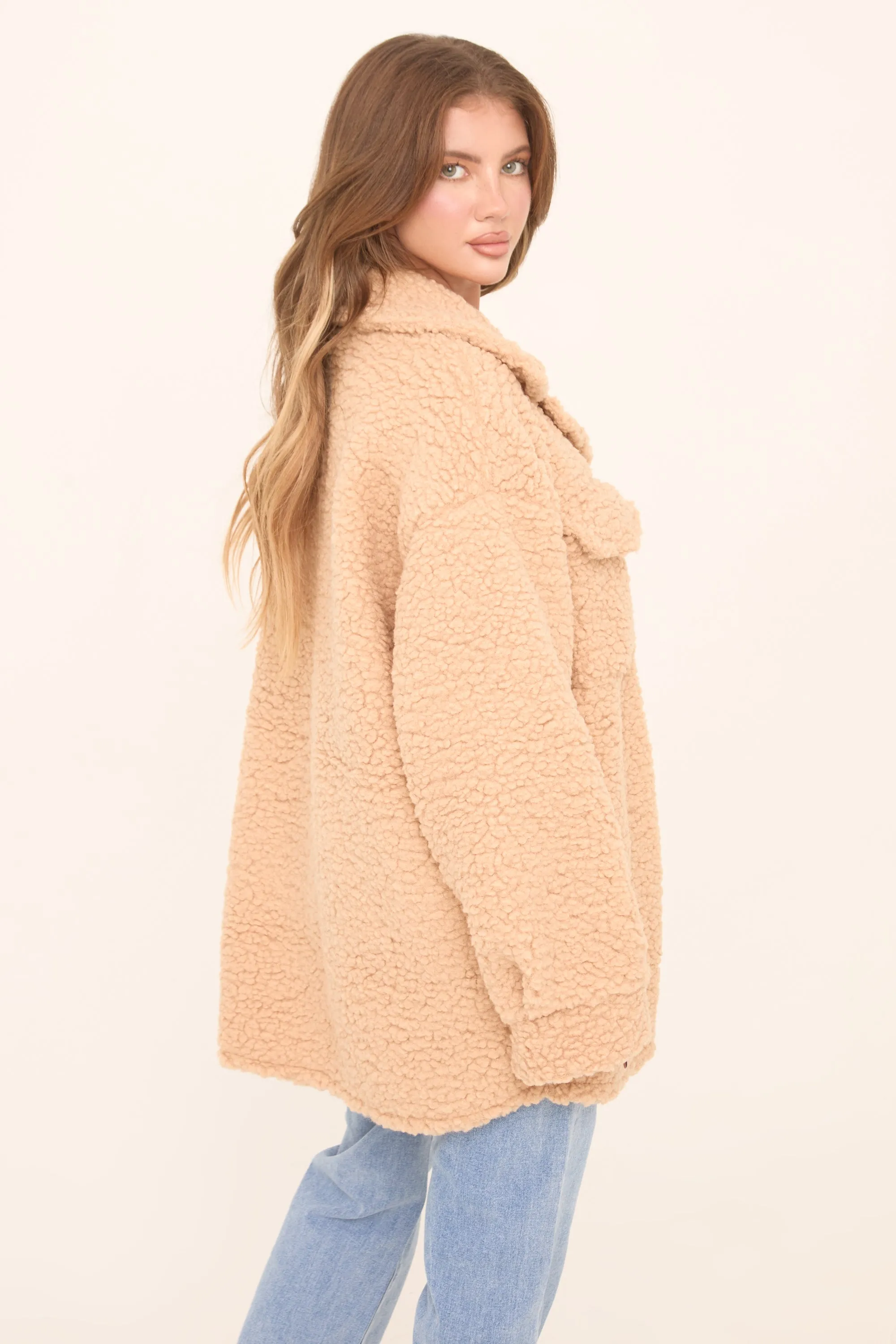 Camel Sherpa Oversized Longline Long Sleeves Shacket - Agnes