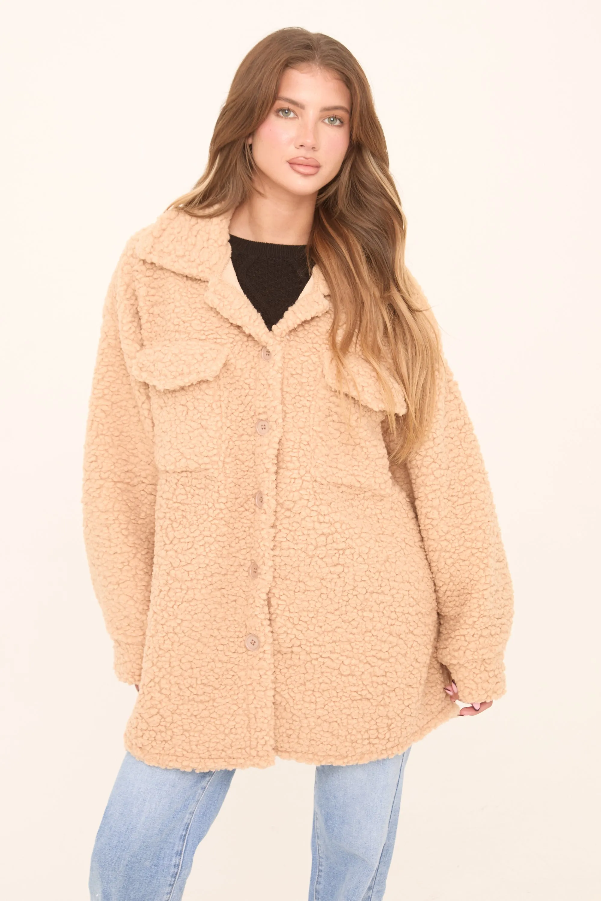 Camel Sherpa Oversized Longline Long Sleeves Shacket - Agnes