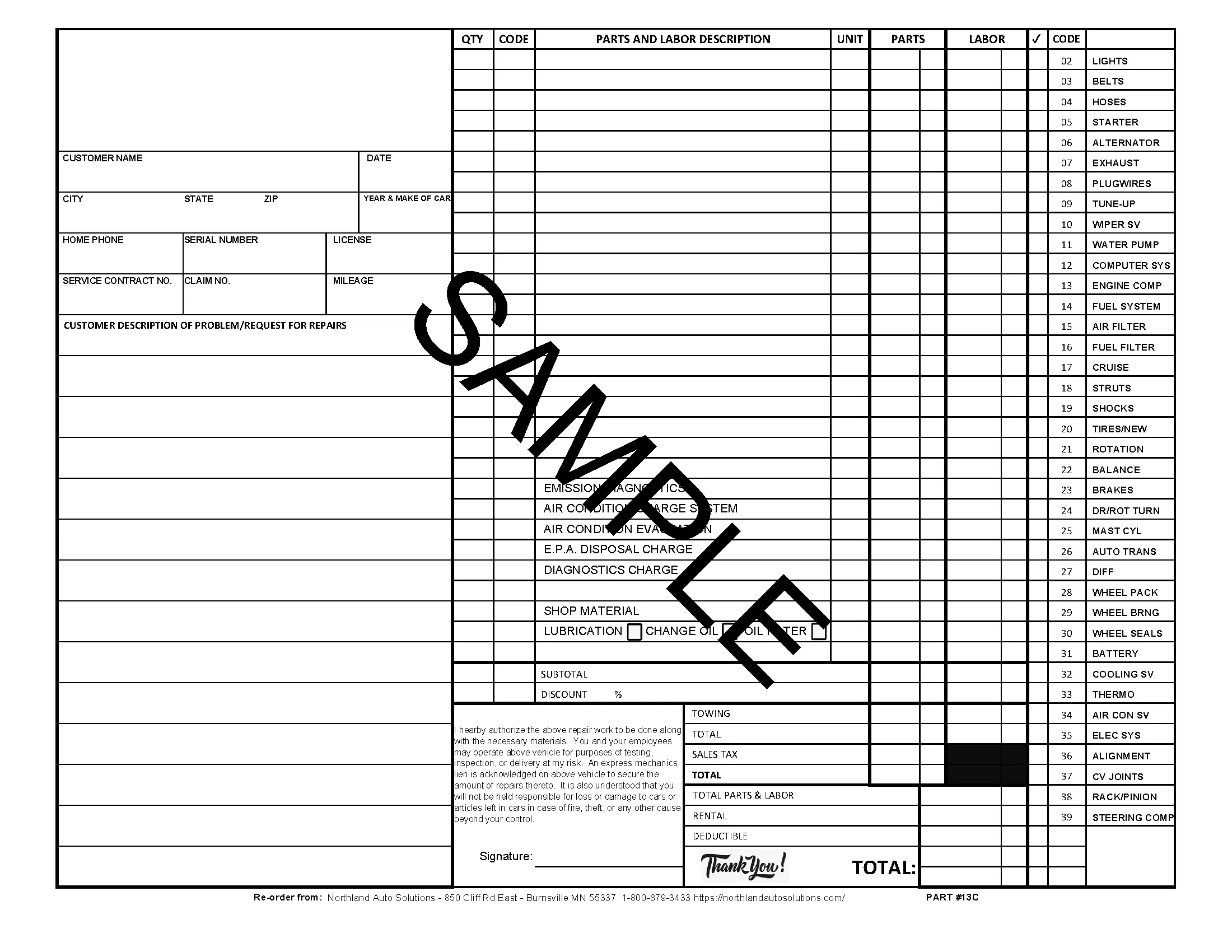 Car Repair Order Form