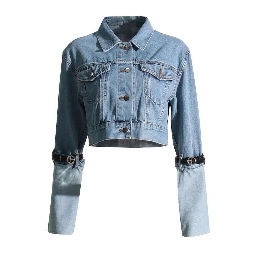 Casual Denim Jackets For Women Lapel Long Sleeve Patchwork Belt Spliced Single Breasted  Jacket Female Clothing