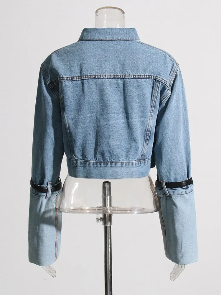 Casual Denim Jackets For Women Lapel Long Sleeve Patchwork Belt Spliced Single Breasted  Jacket Female Clothing