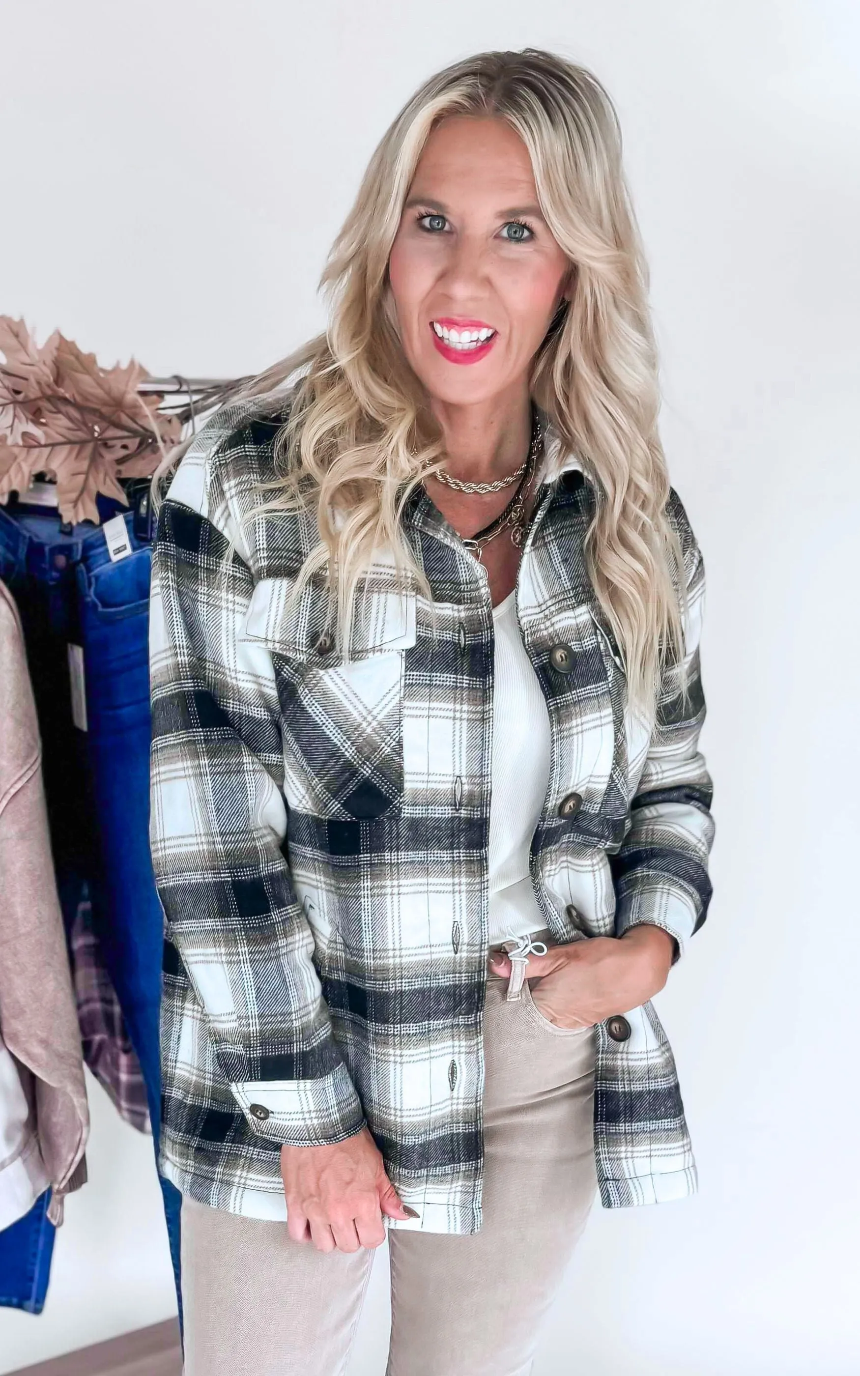 Crisp Morning Plaid Shacket with Sherpa Lining - Black - Final Sale