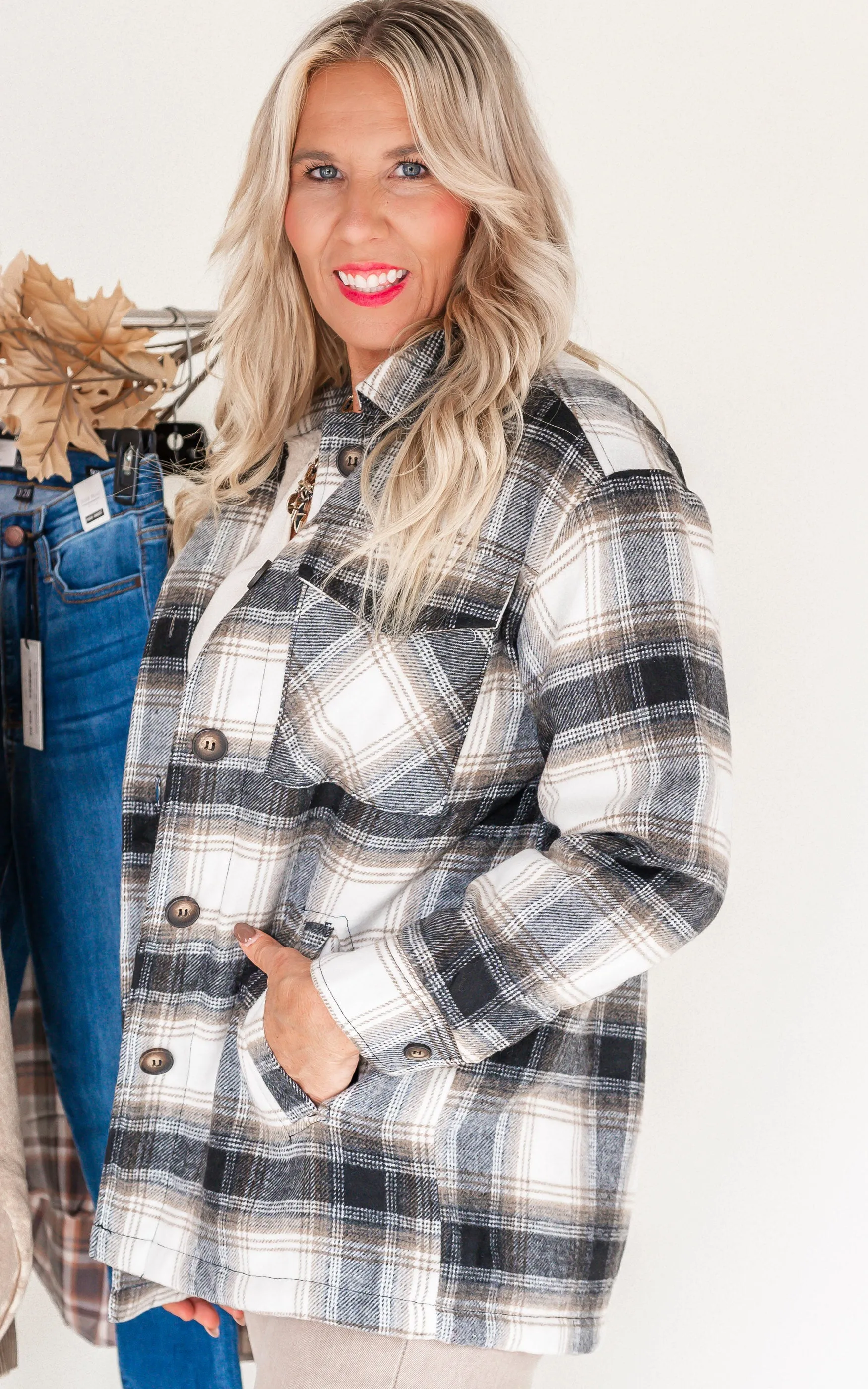 Crisp Morning Plaid Shacket with Sherpa Lining - Black - Final Sale