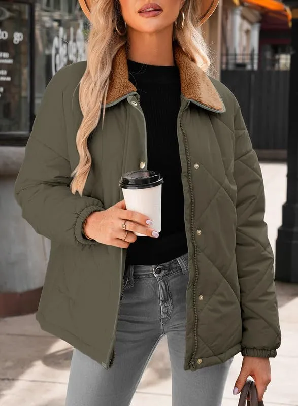 Dokotoo Womens Winter Quilted Jackets for Women 2024 Trendy Warm Puffer Padded Long Sleeve Quilted Outerwear Jacket Casual Thicken Winter Coats with Pockets Green Large