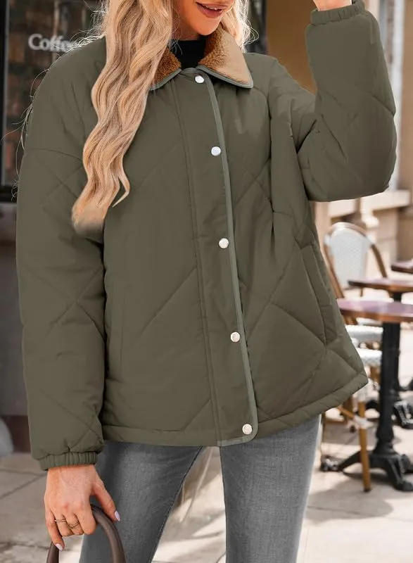 Dokotoo Womens Winter Quilted Jackets for Women 2024 Trendy Warm Puffer Padded Long Sleeve Quilted Outerwear Jacket Casual Thicken Winter Coats with Pockets Green Large