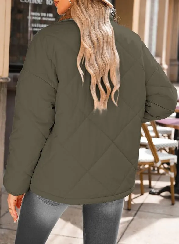 Dokotoo Womens Winter Quilted Jackets for Women 2024 Trendy Warm Puffer Padded Long Sleeve Quilted Outerwear Jacket Casual Thicken Winter Coats with Pockets Green Large