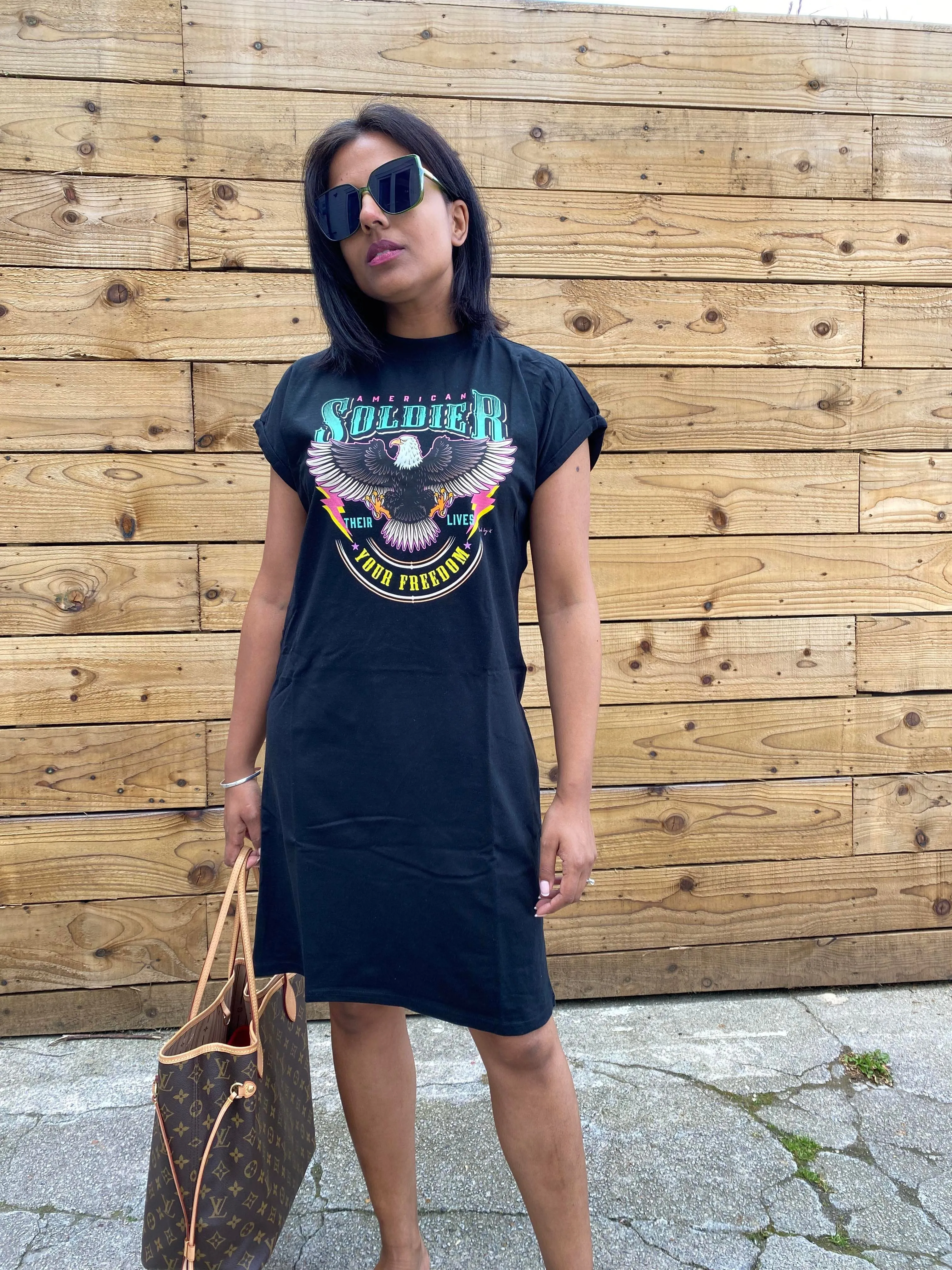 Eagle print Black T shirt Dress