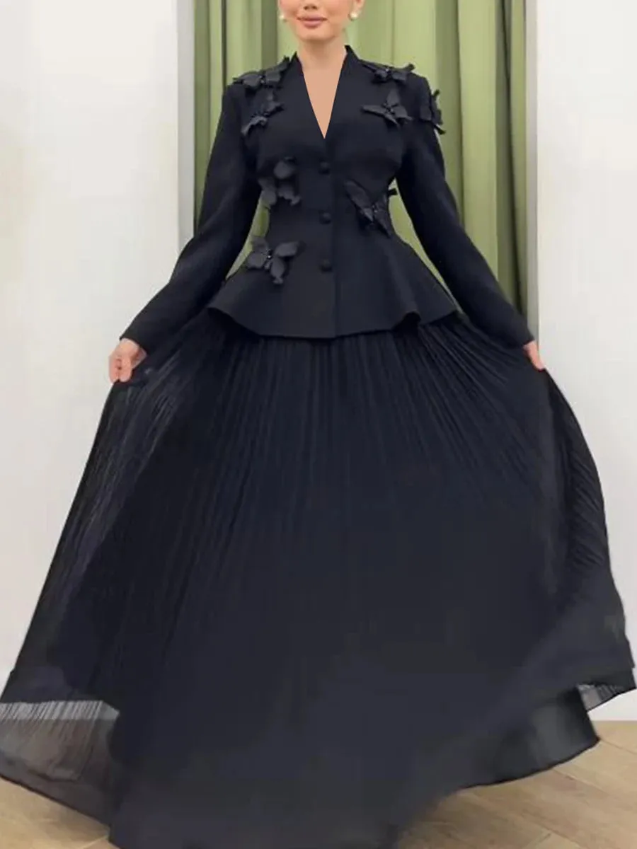 Elegant Two Piece Sets For Women V Neck Long Sleeve Tunic Designer Coat High Waist Pleated Skirt Formal Set Female