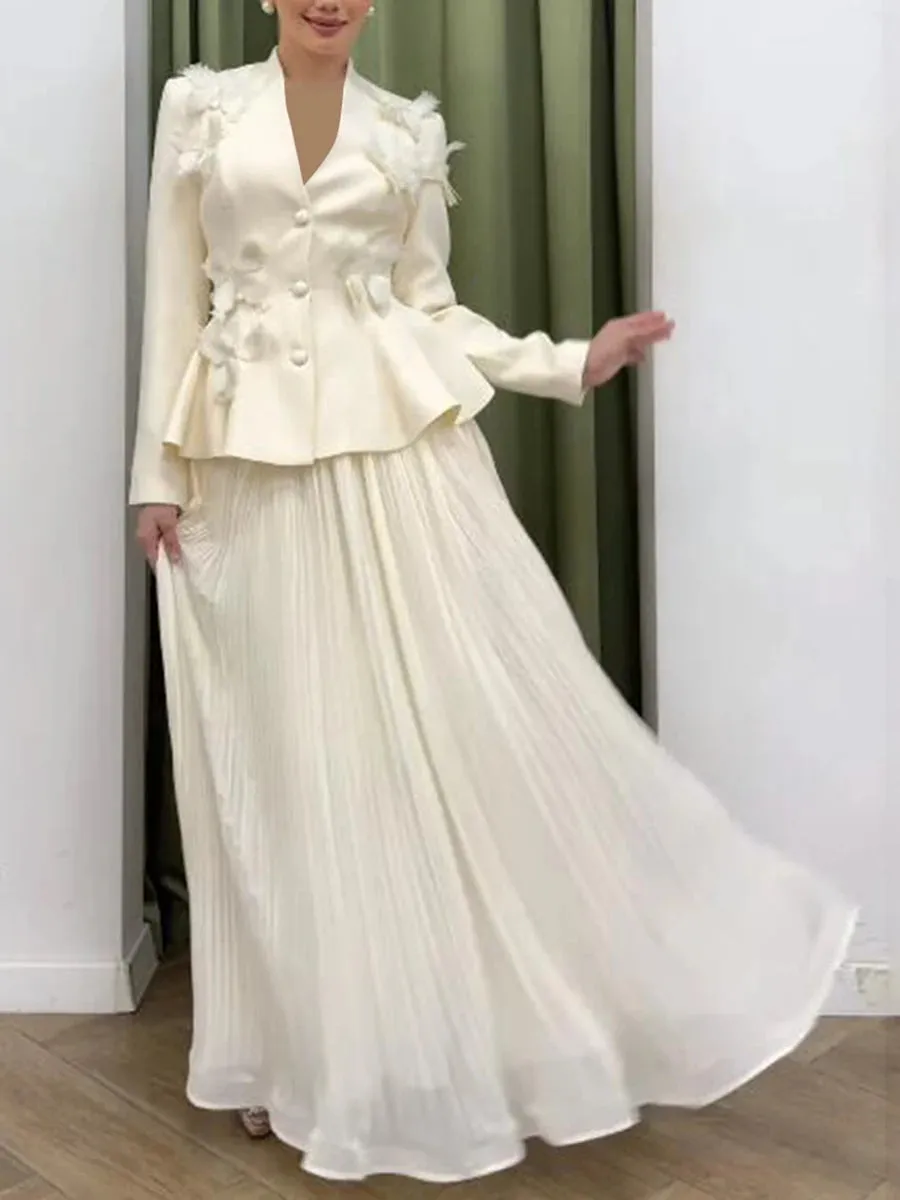 Elegant Two Piece Sets For Women V Neck Long Sleeve Tunic Designer Coat High Waist Pleated Skirt Formal Set Female