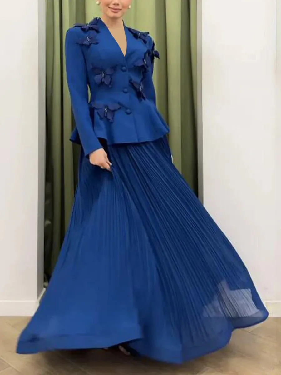 Elegant Two Piece Sets For Women V Neck Long Sleeve Tunic Designer Coat High Waist Pleated Skirt Formal Set Female