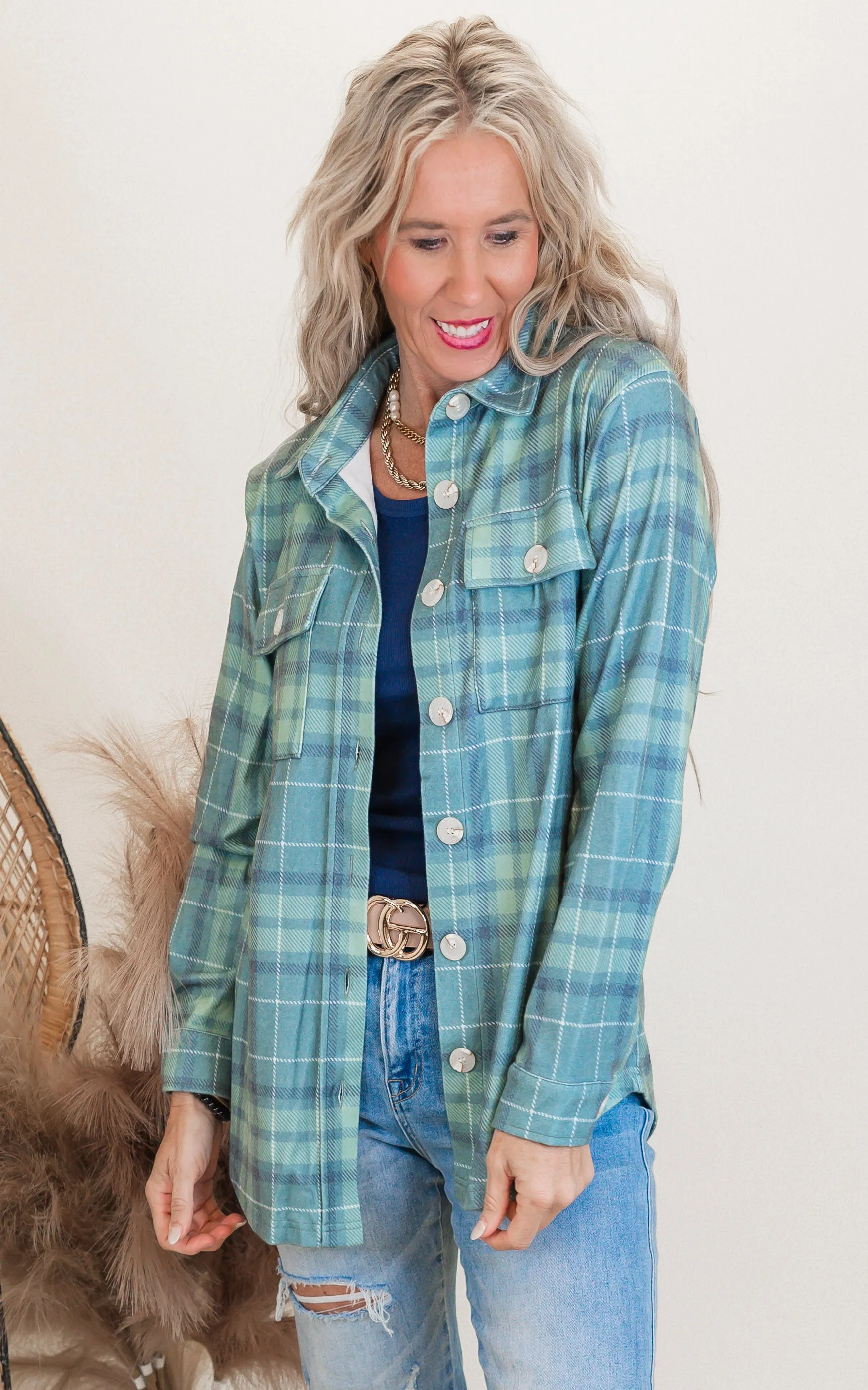 Forever Favorite Plaid Shacket in Green Blue #9 | Salty Wave  *