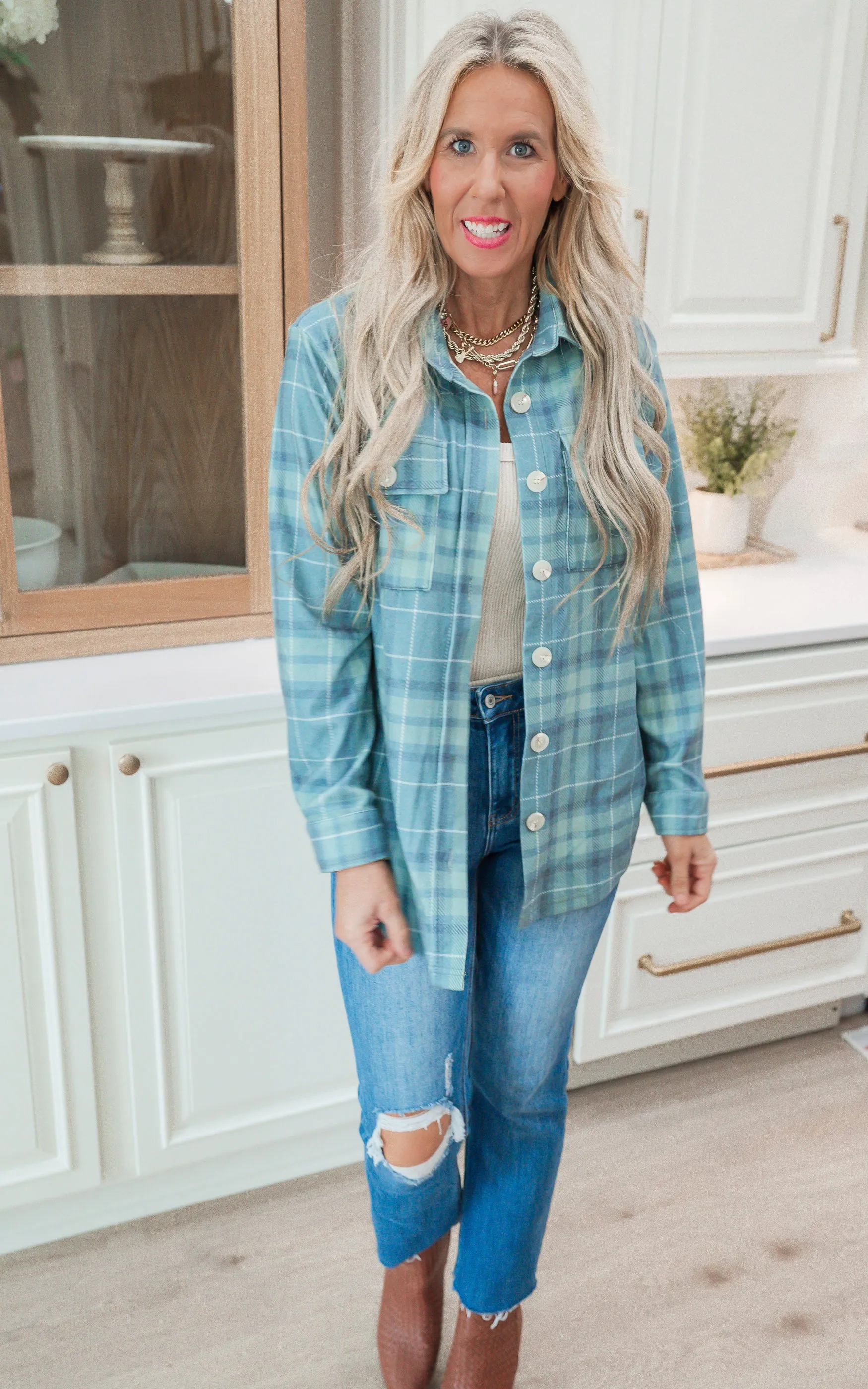 Forever Favorite Plaid Shacket in Green Blue #9 | Salty Wave  *