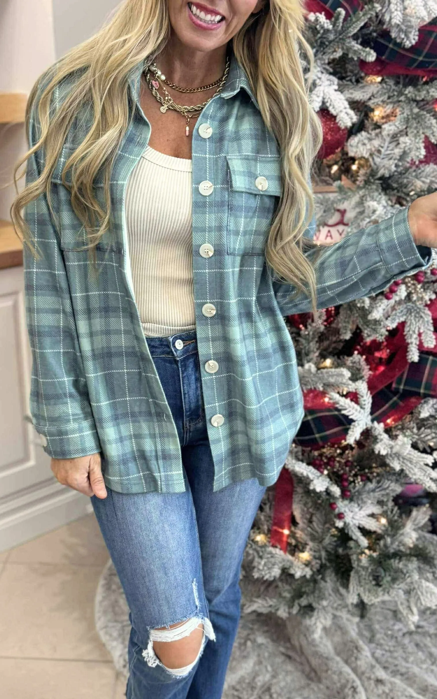 Forever Favorite Plaid Shacket in Green Blue #9 | Salty Wave  *