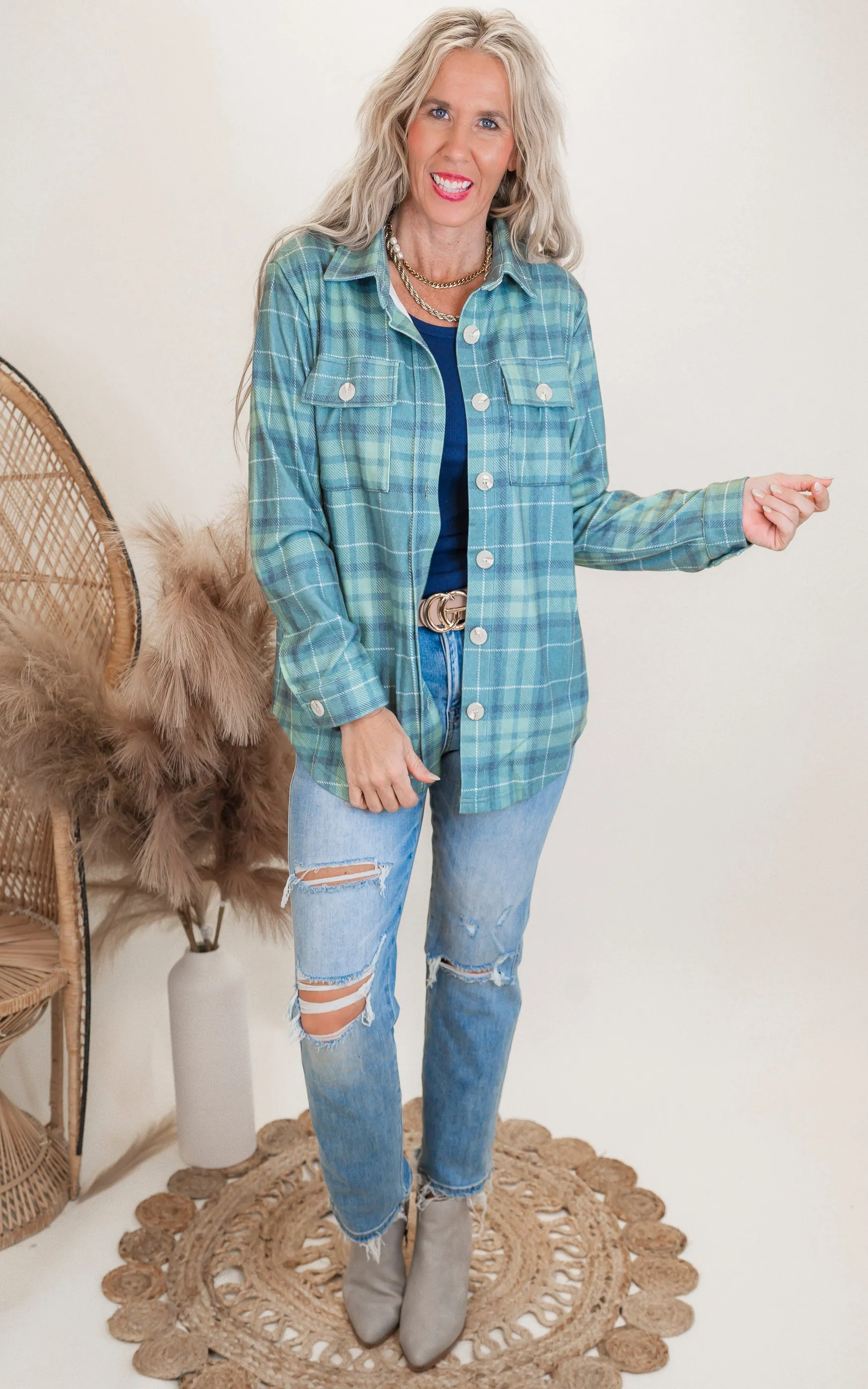 Forever Favorite Plaid Shacket in Green Blue #9 | Salty Wave  *