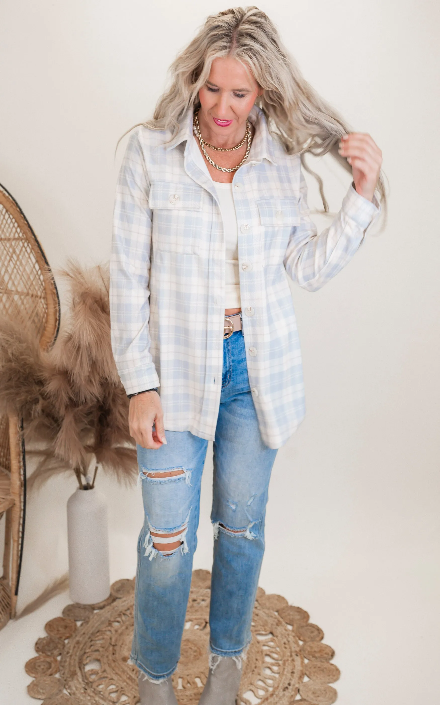 Forever Favorite Plaid Shacket in Ivory Blue Cream #10  | Salty Wave  *