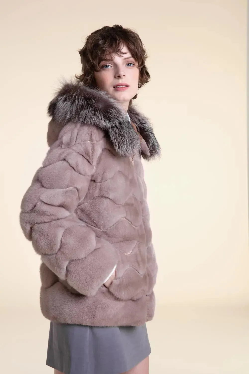 Fur mink jacket with fox fur hood