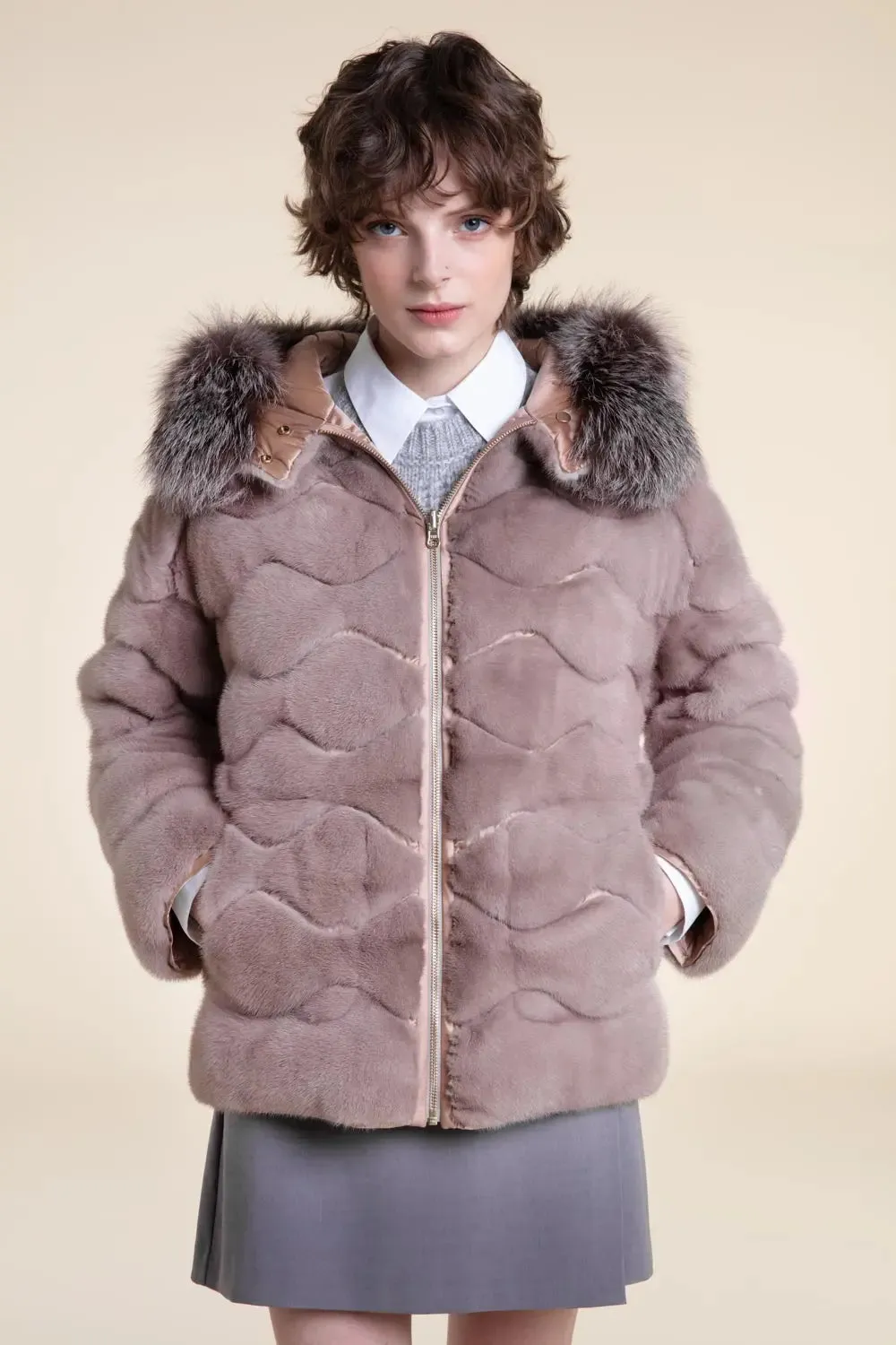 Fur mink jacket with fox fur hood