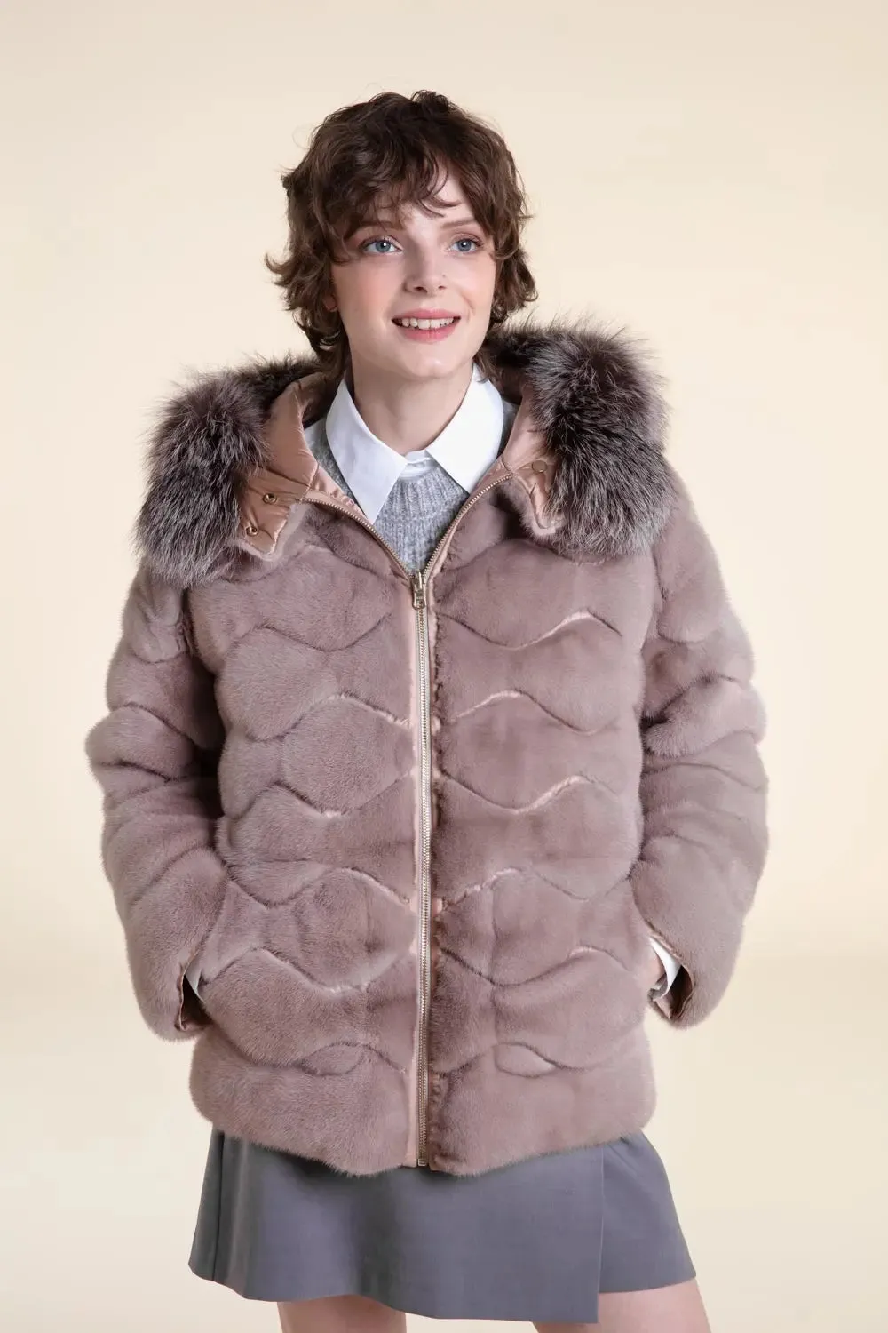 Fur mink jacket with fox fur hood