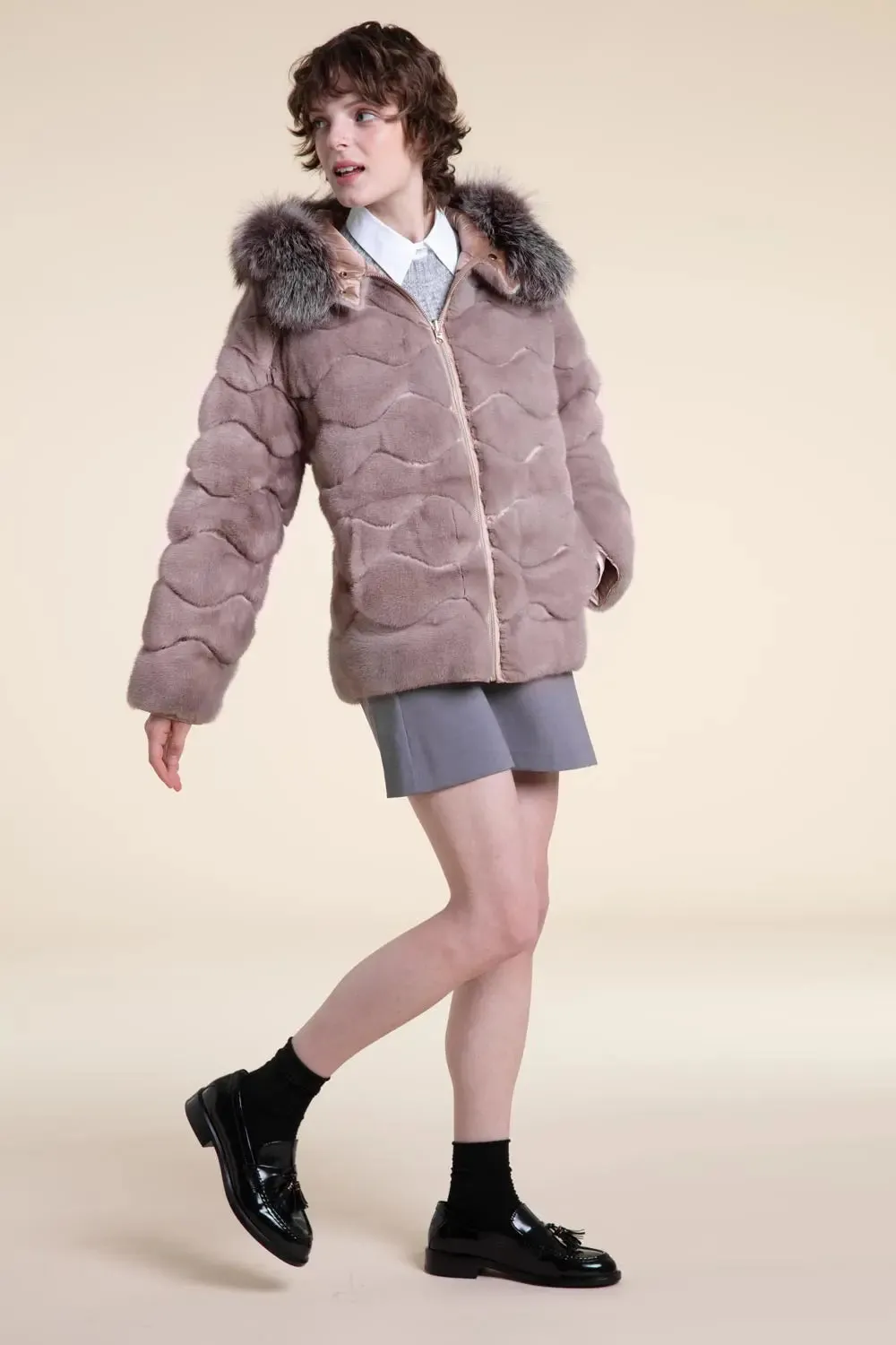 Fur mink jacket with fox fur hood