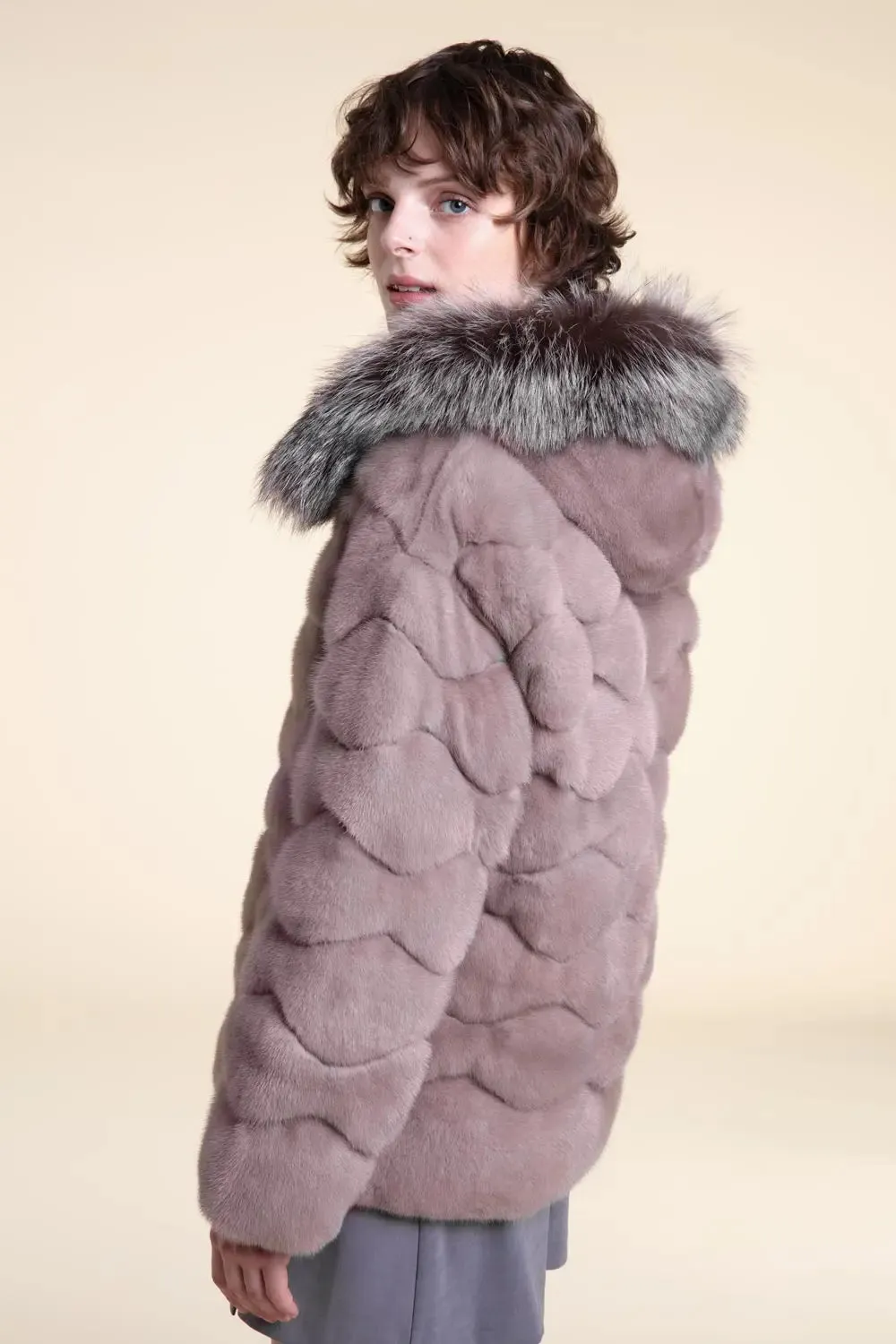 Fur mink jacket with fox fur hood