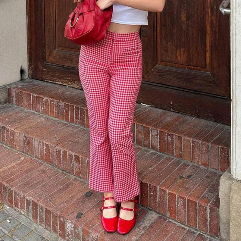 Girlary Retro Plaid Slightly Flare Pants Women High Waist Slim Fit Sweatpants Y2K Aesthetic Vintage Trousers Streetwear