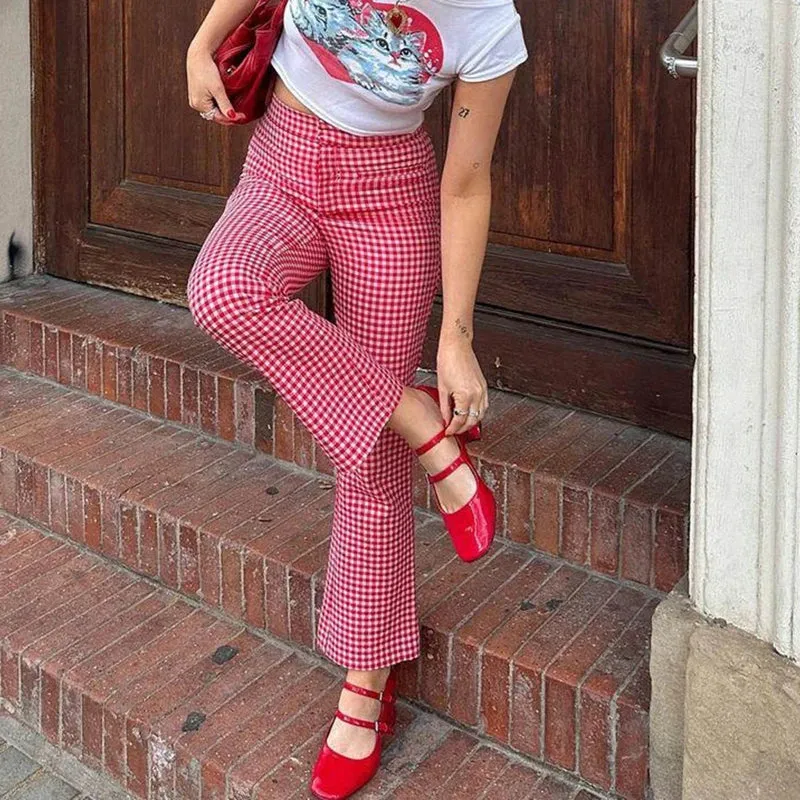 Girlary Retro Plaid Slightly Flare Pants Women High Waist Slim Fit Sweatpants Y2K Aesthetic Vintage Trousers Streetwear