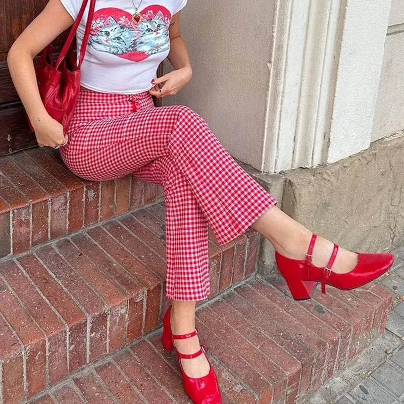 Girlary Retro Plaid Slightly Flare Pants Women High Waist Slim Fit Sweatpants Y2K Aesthetic Vintage Trousers Streetwear