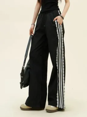 Girlary Y2k Harajuku Streetwear Wide Leg Pants Women American Retro Sweet Striped Lace Patchwork Oversize Sweatpants Summer