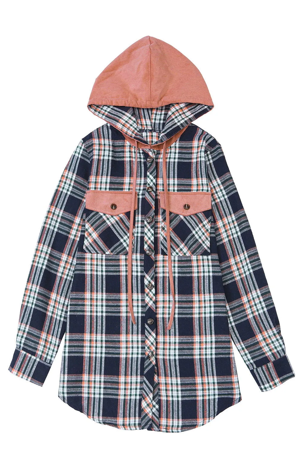 Gray Plaid Pockets Drawstring Hooded Shacket