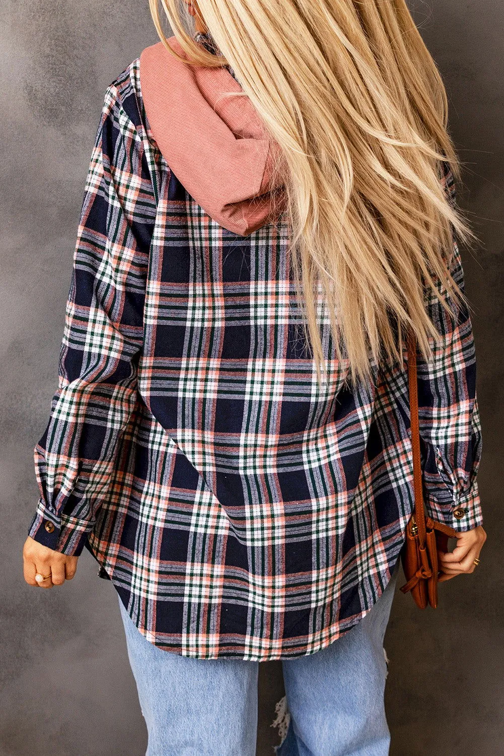 Gray Plaid Pockets Drawstring Hooded Shacket