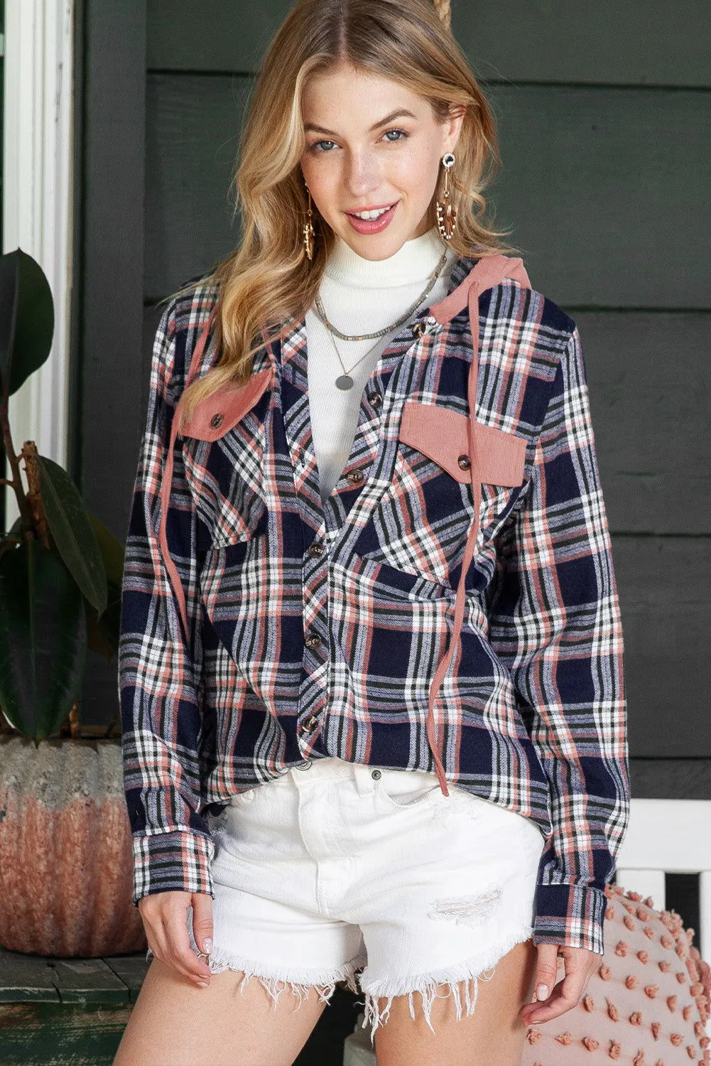 Gray Plaid Pockets Drawstring Hooded Shacket