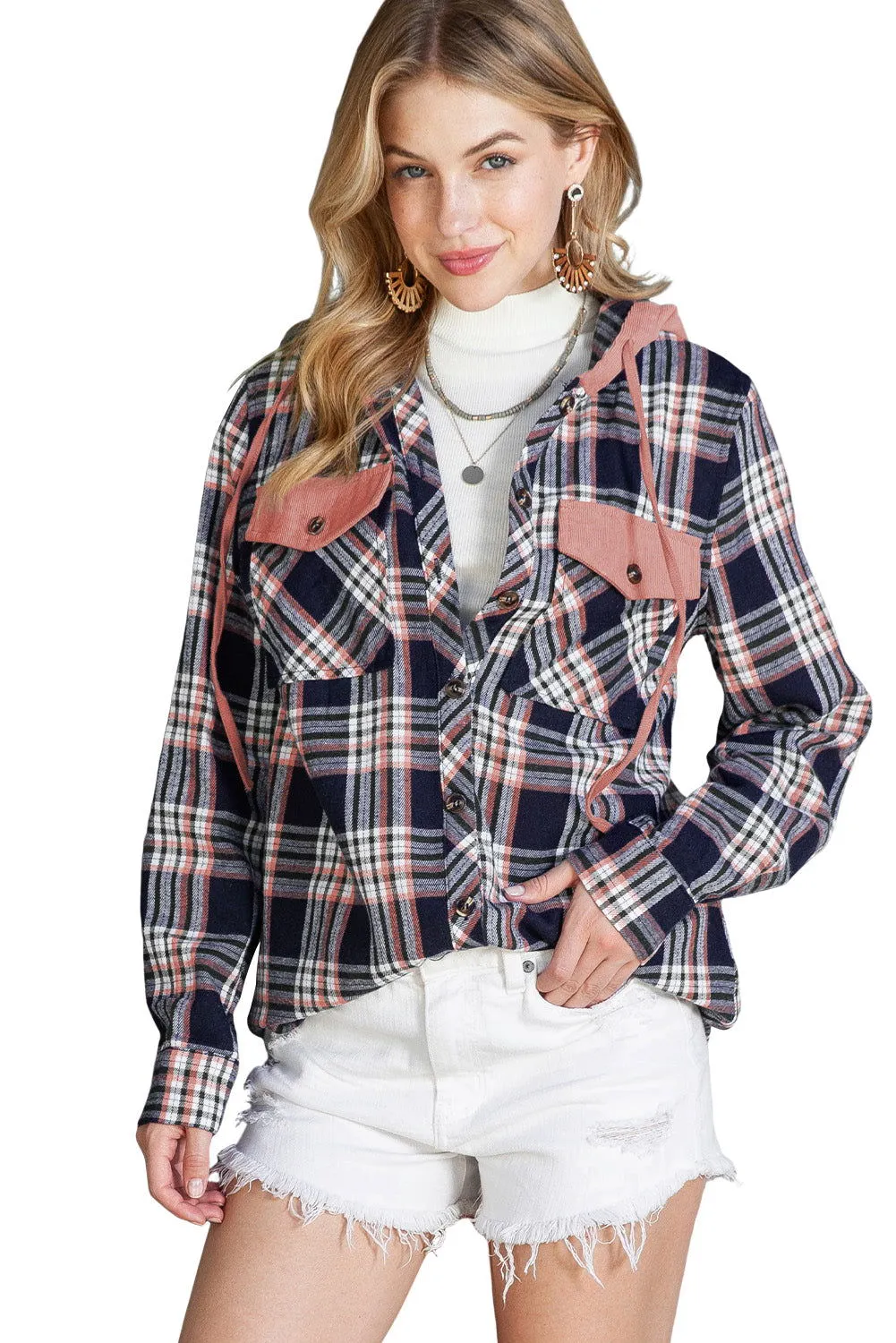 Gray Plaid Pockets Drawstring Hooded Shacket