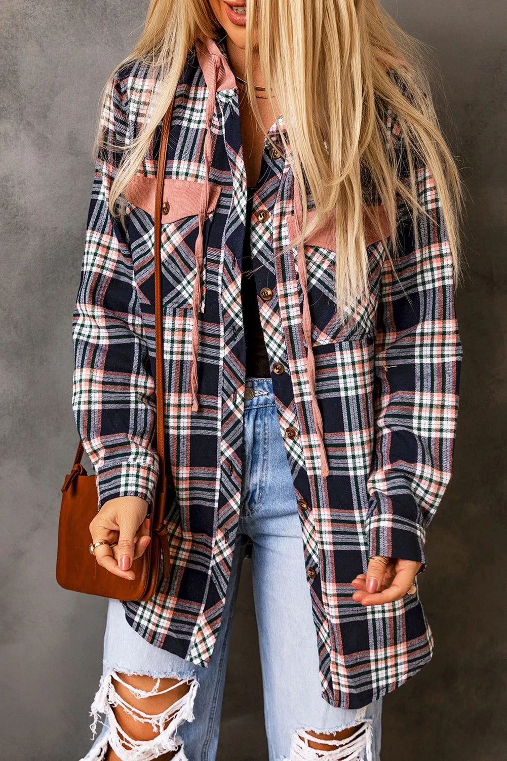 Gray Plaid Pockets Drawstring Hooded Shacket