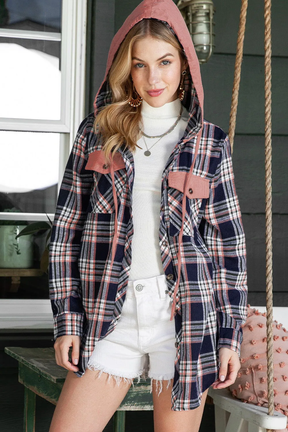 Gray Plaid Pockets Drawstring Hooded Shacket