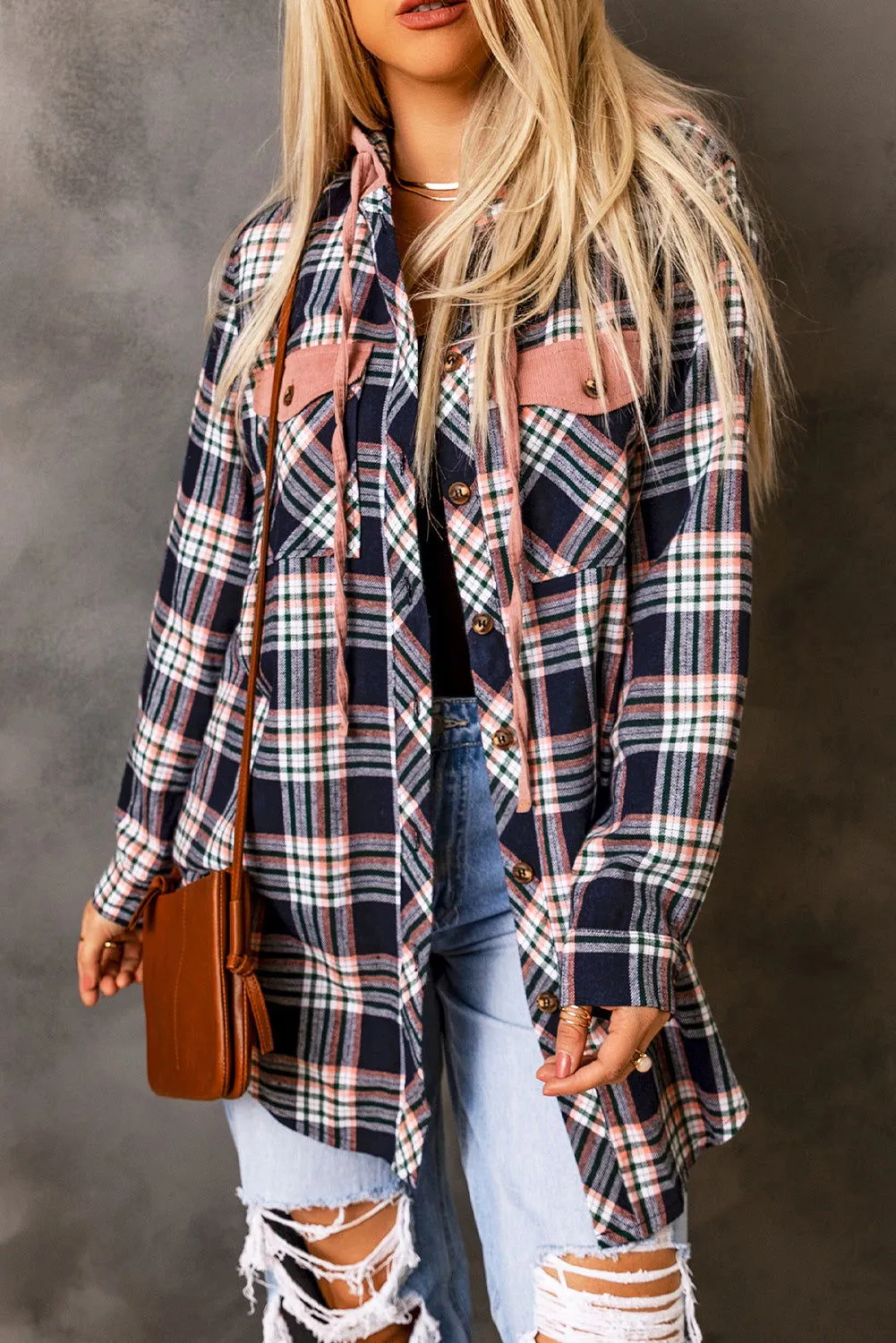 Gray Plaid Pockets Drawstring Hooded Shacket