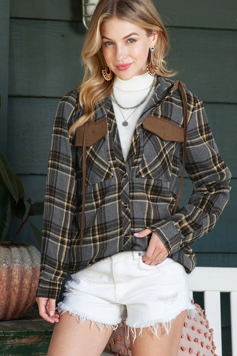 Gray Plaid Pockets Drawstring Hooded Shacket