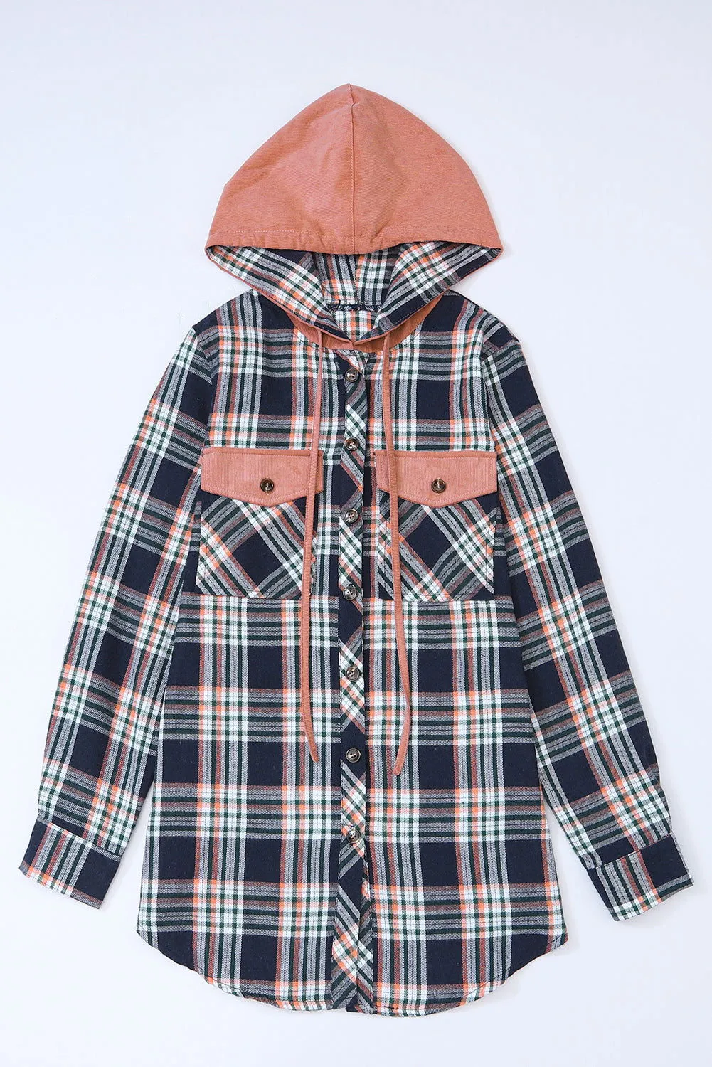 Gray Plaid Pockets Drawstring Hooded Shacket