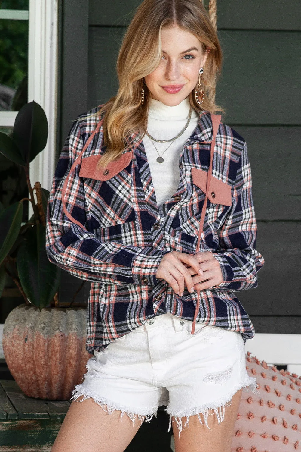 Gray Plaid Pockets Drawstring Hooded Shacket