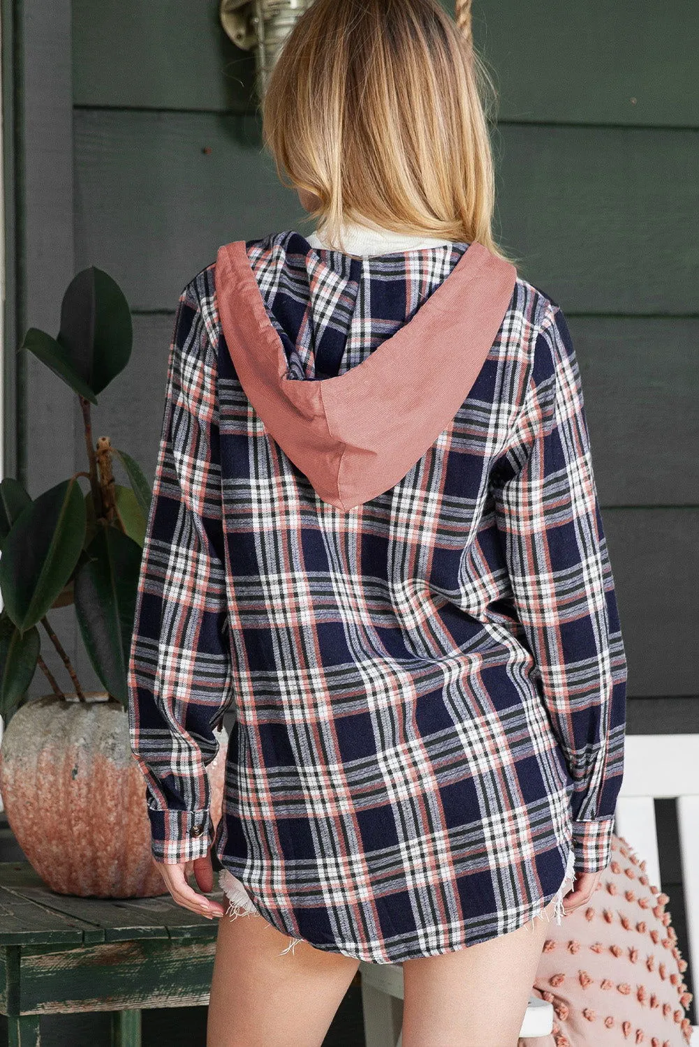 Gray Plaid Pockets Drawstring Hooded Shacket