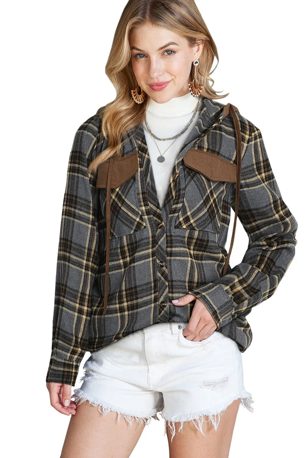 Gray Plaid Pockets Drawstring Hooded Shacket