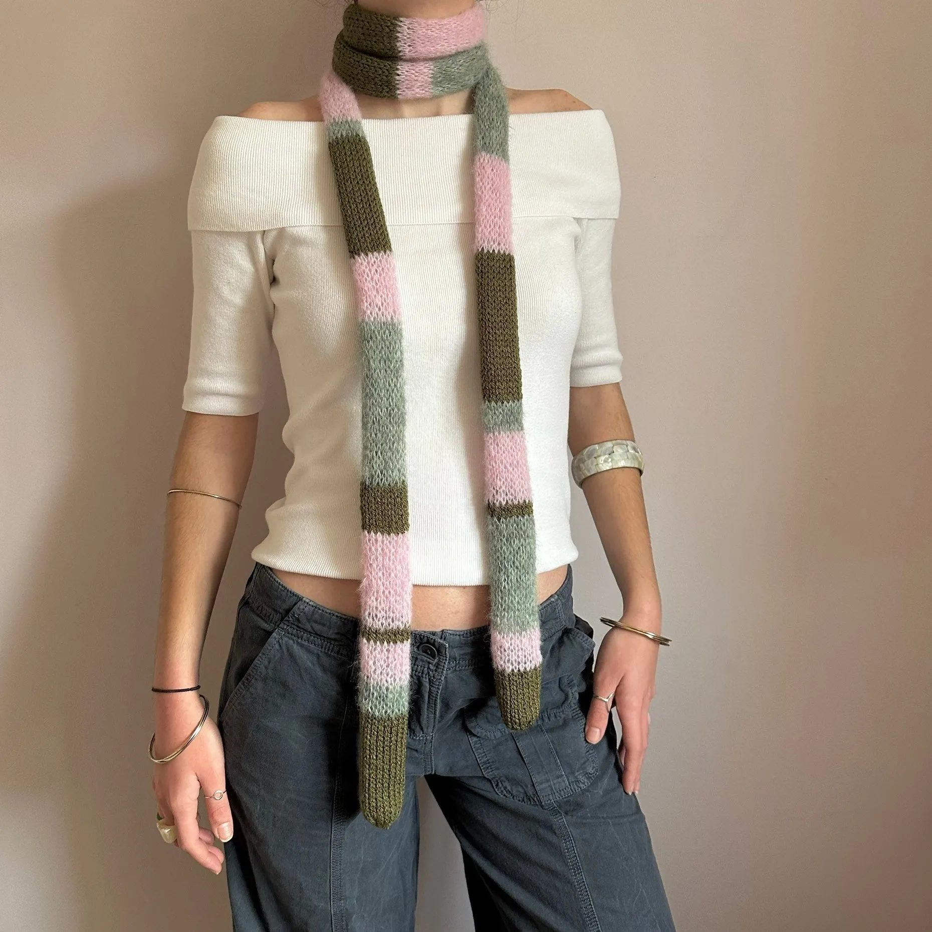 Handmade knitted baby pink, khaki and sage green striped skinny scarf - extra long