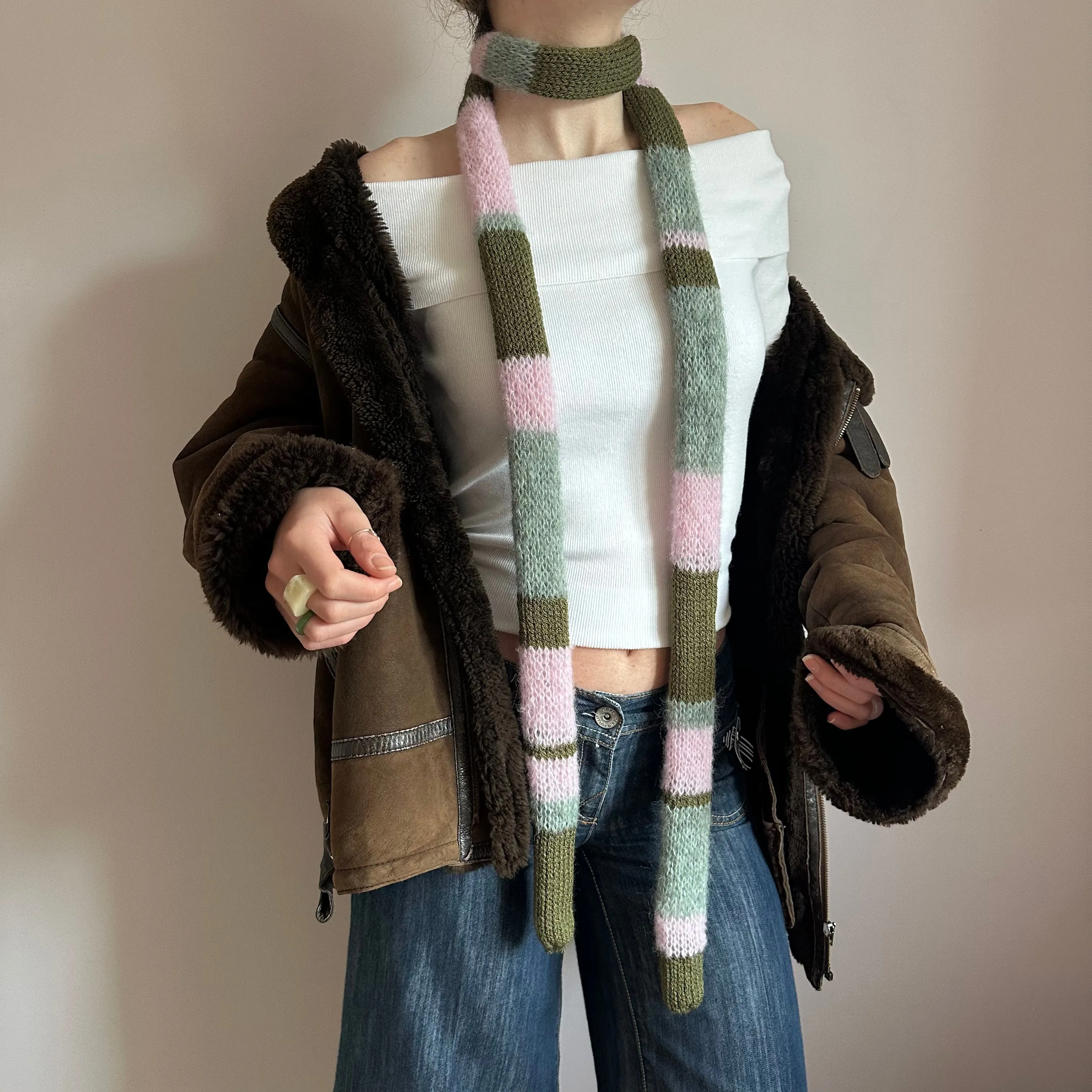 Handmade knitted baby pink, khaki and sage green striped skinny scarf - extra long