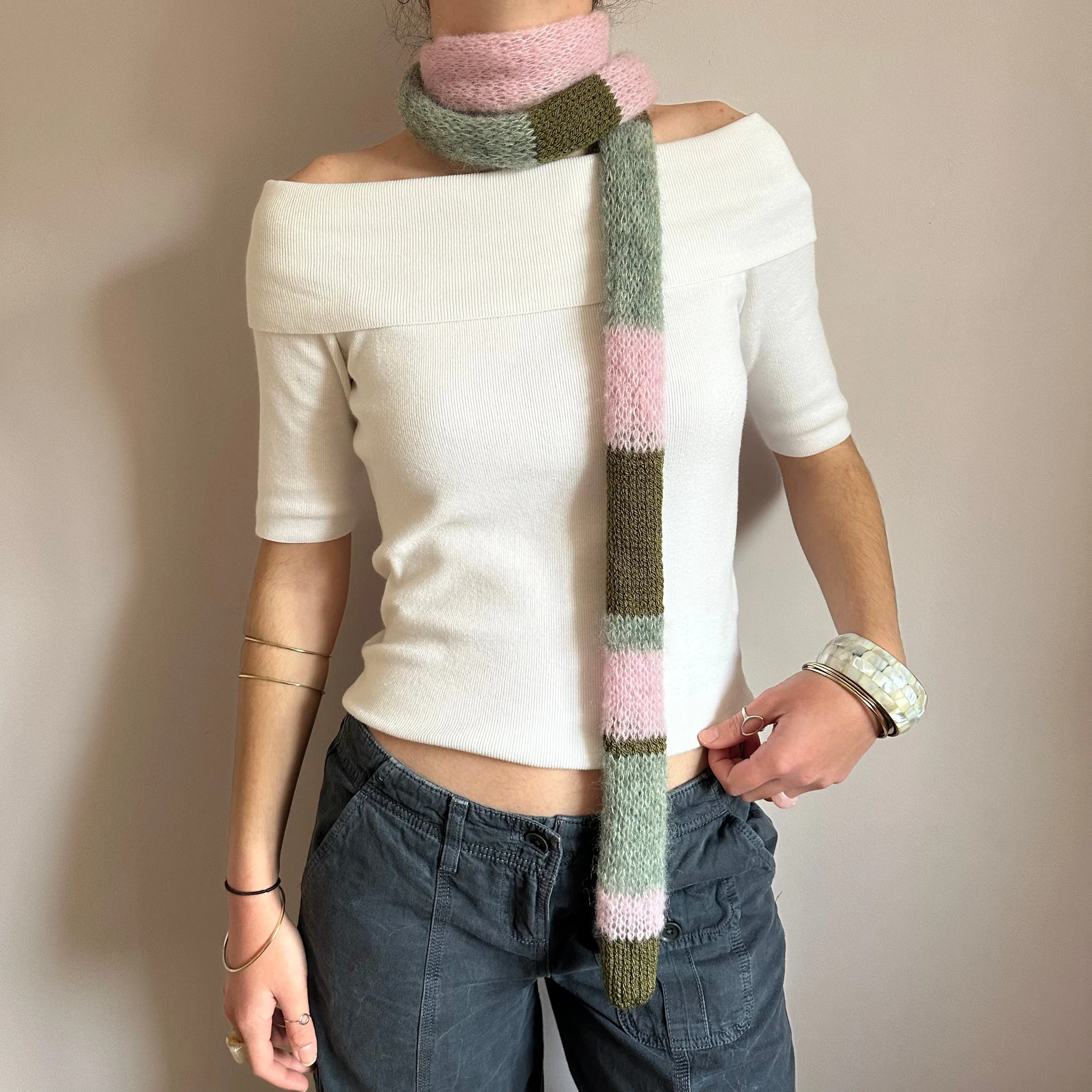 Handmade knitted baby pink, khaki and sage green striped skinny scarf - extra long